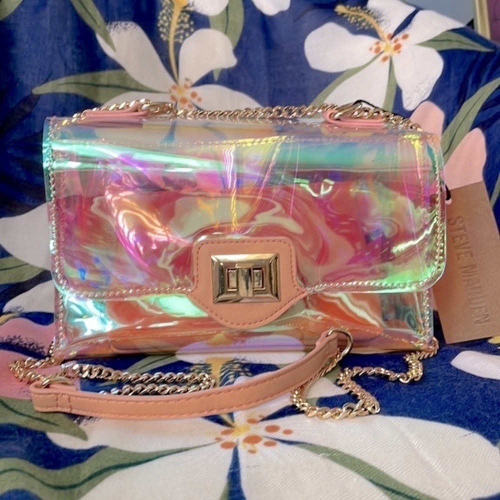 Brand New Steve Madden Iridescent Clear Chain Purse w/ Peachy Pink Inner Pouch